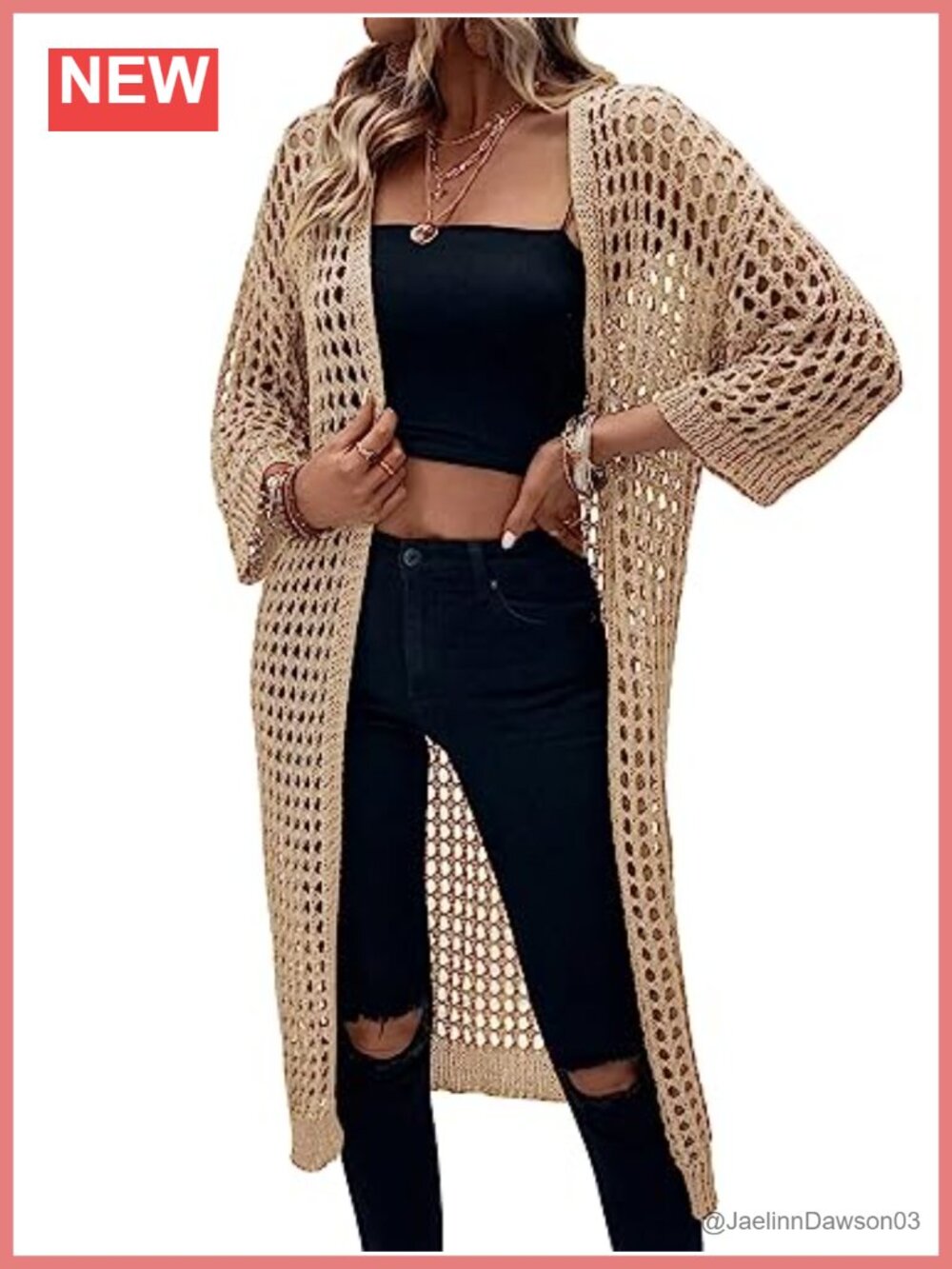 Verdusa Women's 3/4 Sleeve Crochet Cardigan Open Front Sheer Summer Kimono